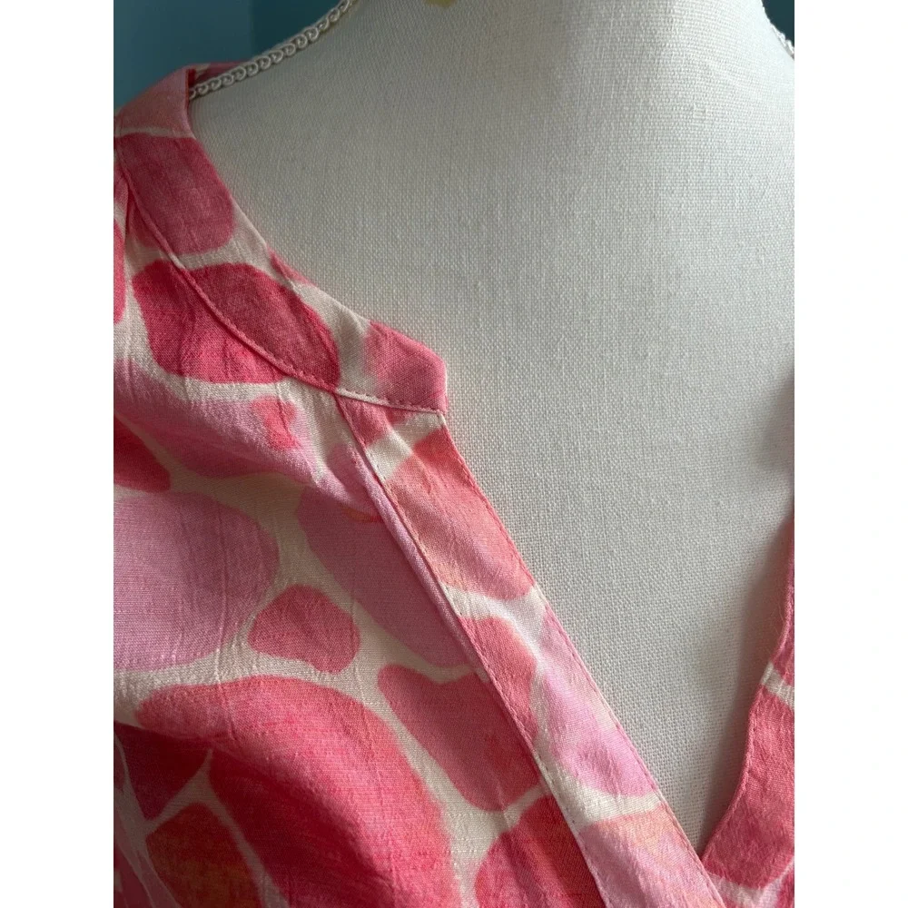 Zac & Rachel Woman Pink Orange Pebble Print Roll Tab Button Down Blouse 1X